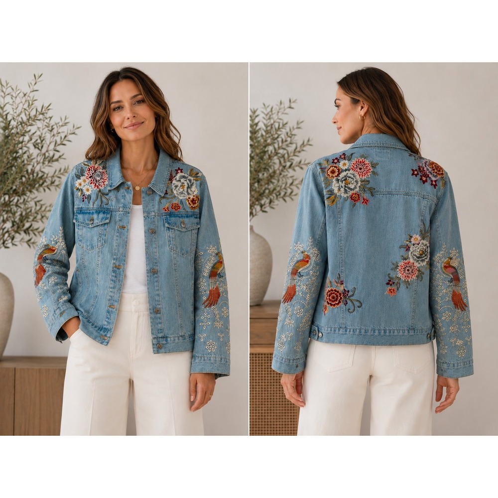 Johnny Was Workshop Embroidered Denim Jacket XL Light Wash Bird Floral Boho Y2K